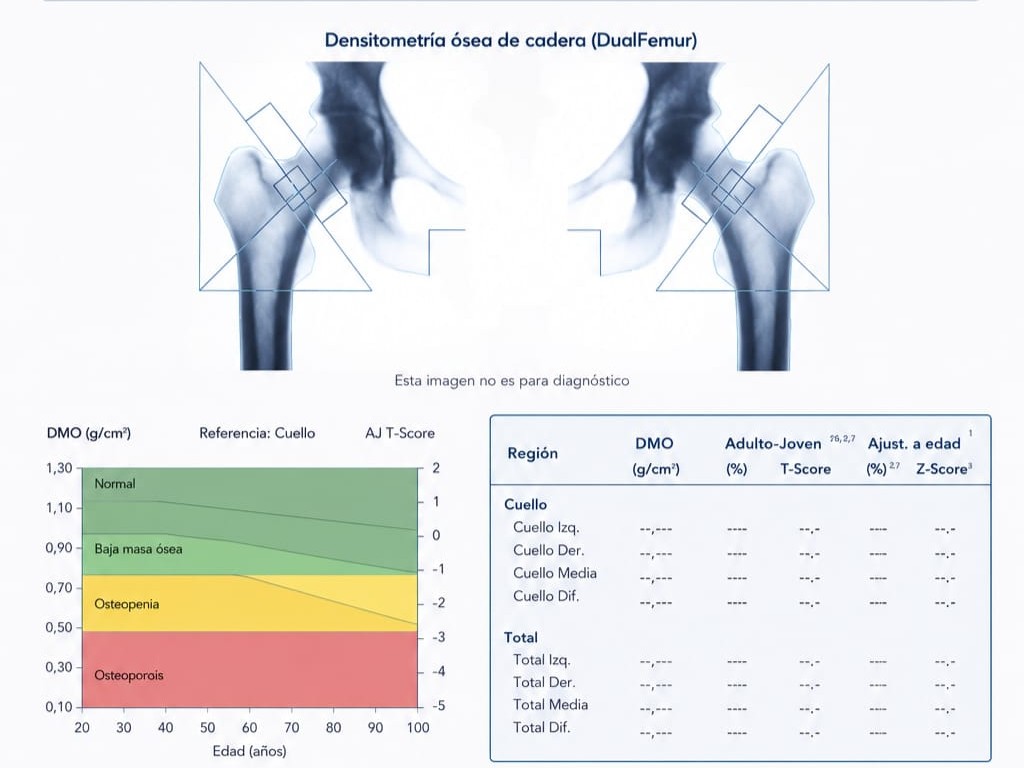 Informe de densitometría ósea de cadera con radiografías DualFemur